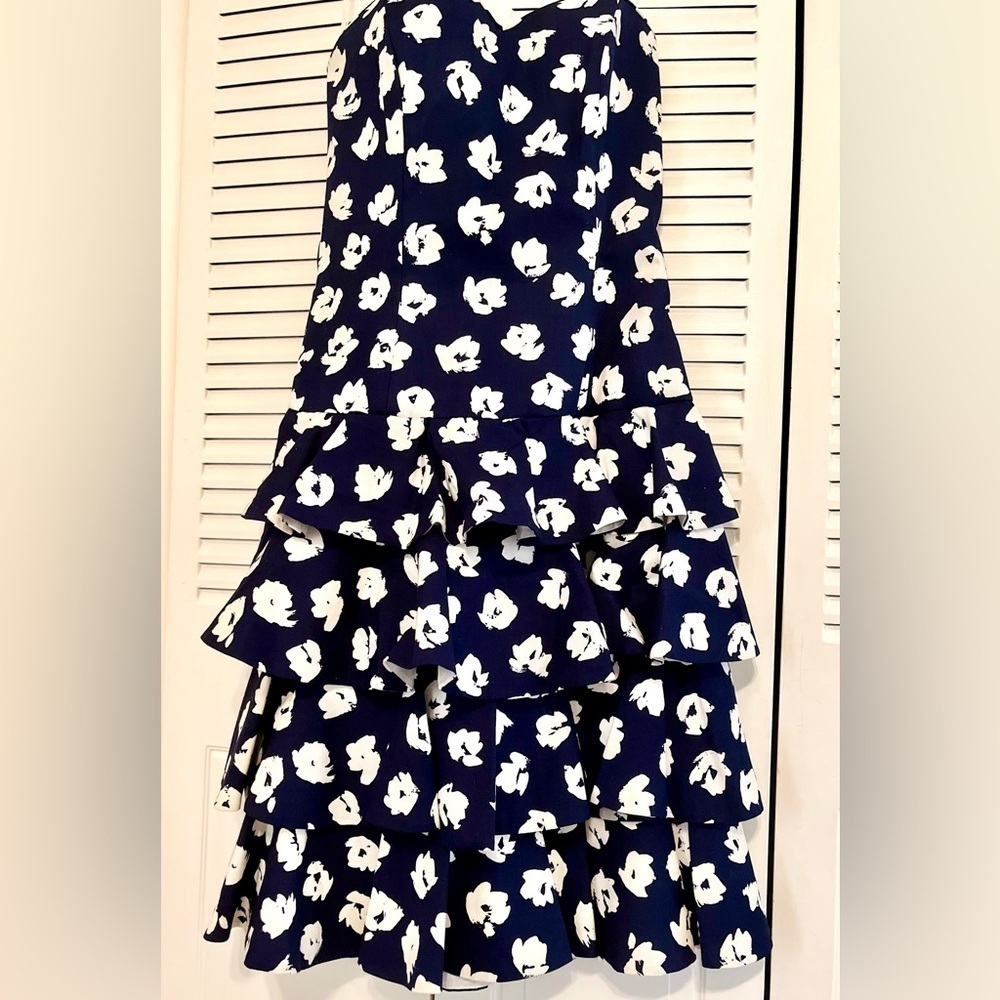 Vintage 80s 90s Dress Strapless Ruffled Cocktail Patty O’Neil Navy White Floral - Picture 5 of 8